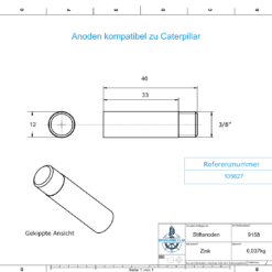 Anodo a spillo e parte in ottone 3/8'' NPT | Ø12/L40 (AlZn5In) | Caterpillar-Ref: 105627 & 6L2280 | 9158AL_M - immagine 2