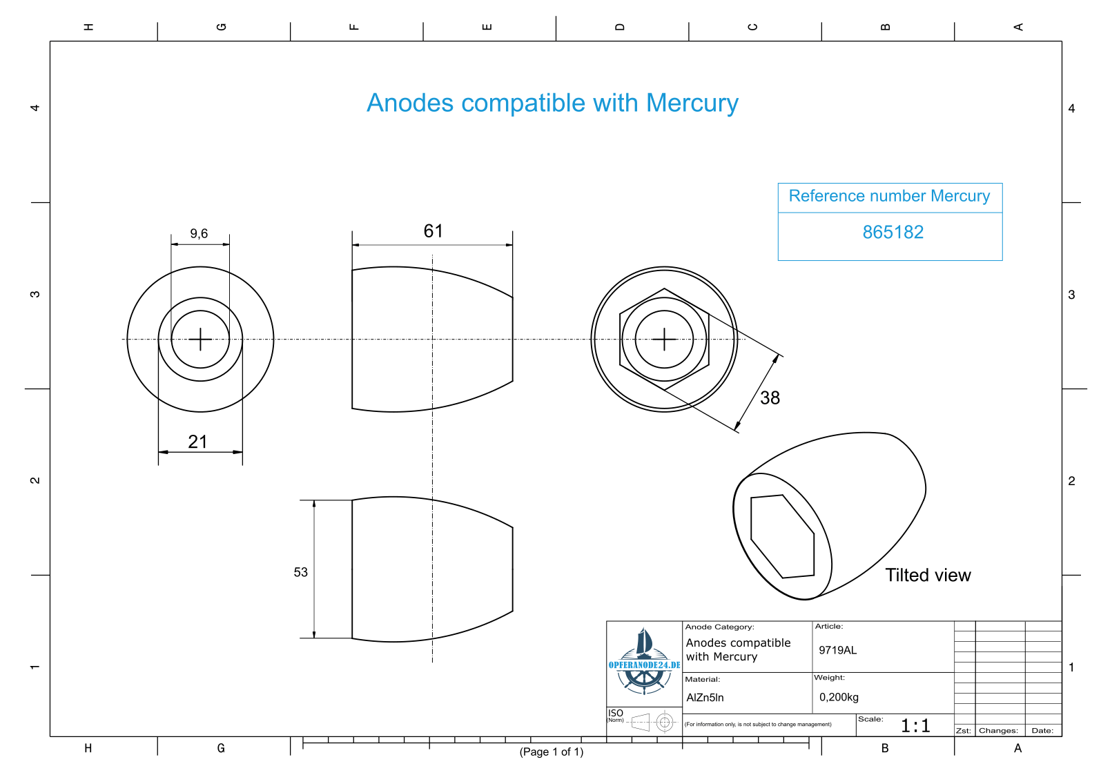 Anodi compatibili con Mercury | Anodo ad elica 865182 (AlZn5In) | 9719AL - immagine 2