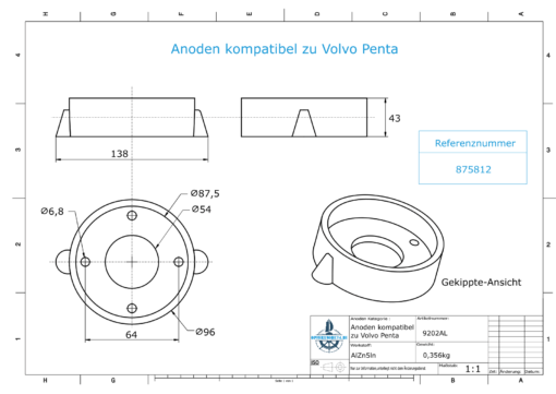 Anodes compatible to Volvo Penta | Ring-Anode Saildrive 110 875812 (AlZn5In) | 9202AL