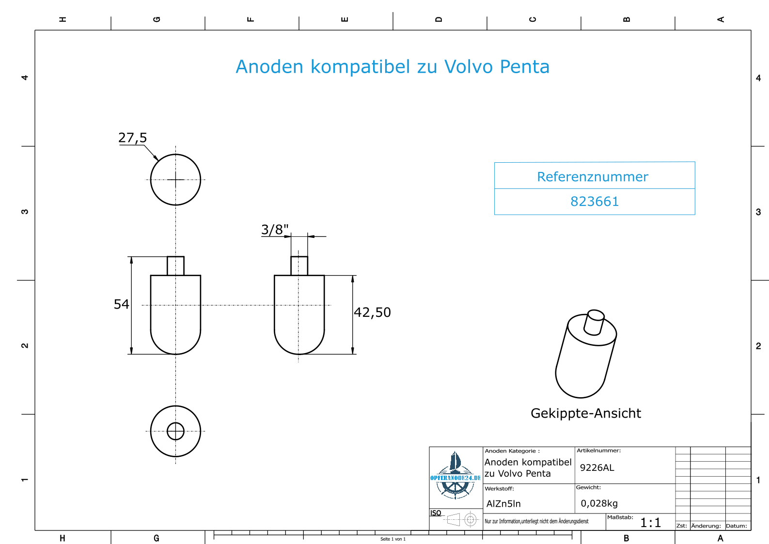 Anodi compatibili con Volvo Penta | Anodi a spillo 3/8" 16G40mm 823661 (AlZn5In) | 9226AL