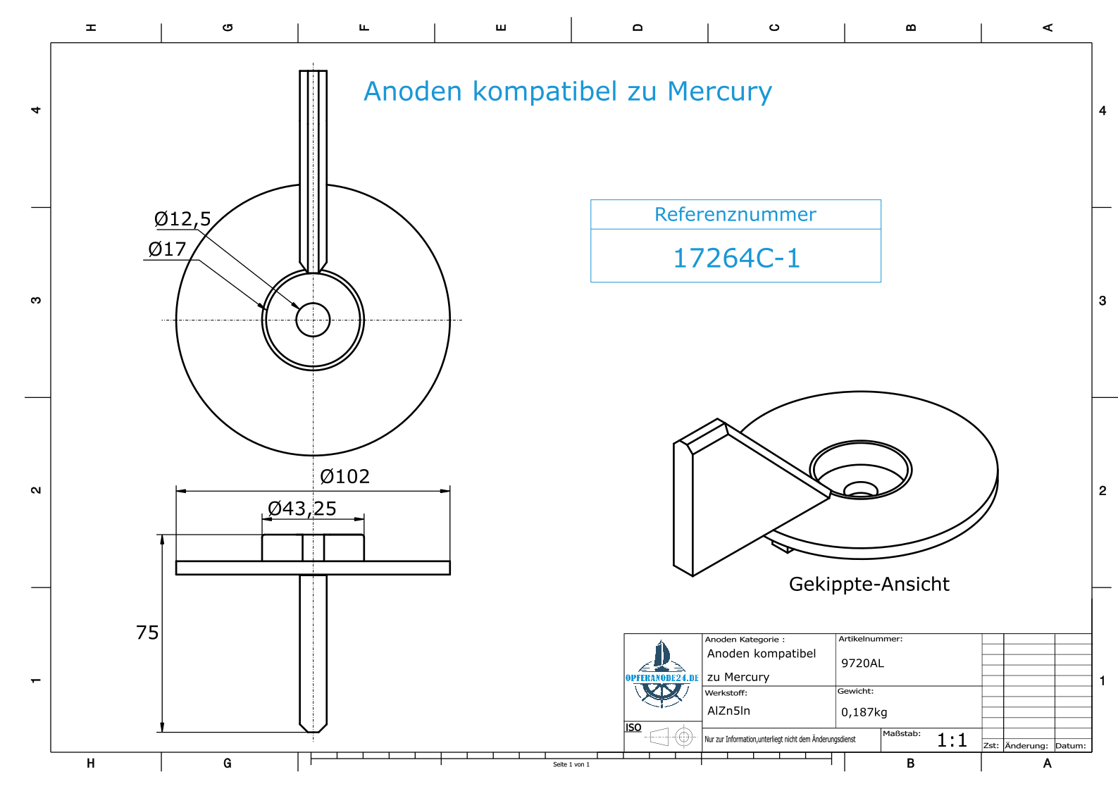 Anodi compatibili con Mercury | Anodo di rifinitura-à partir de 17264C1 (AlZn5In) | 9720AL