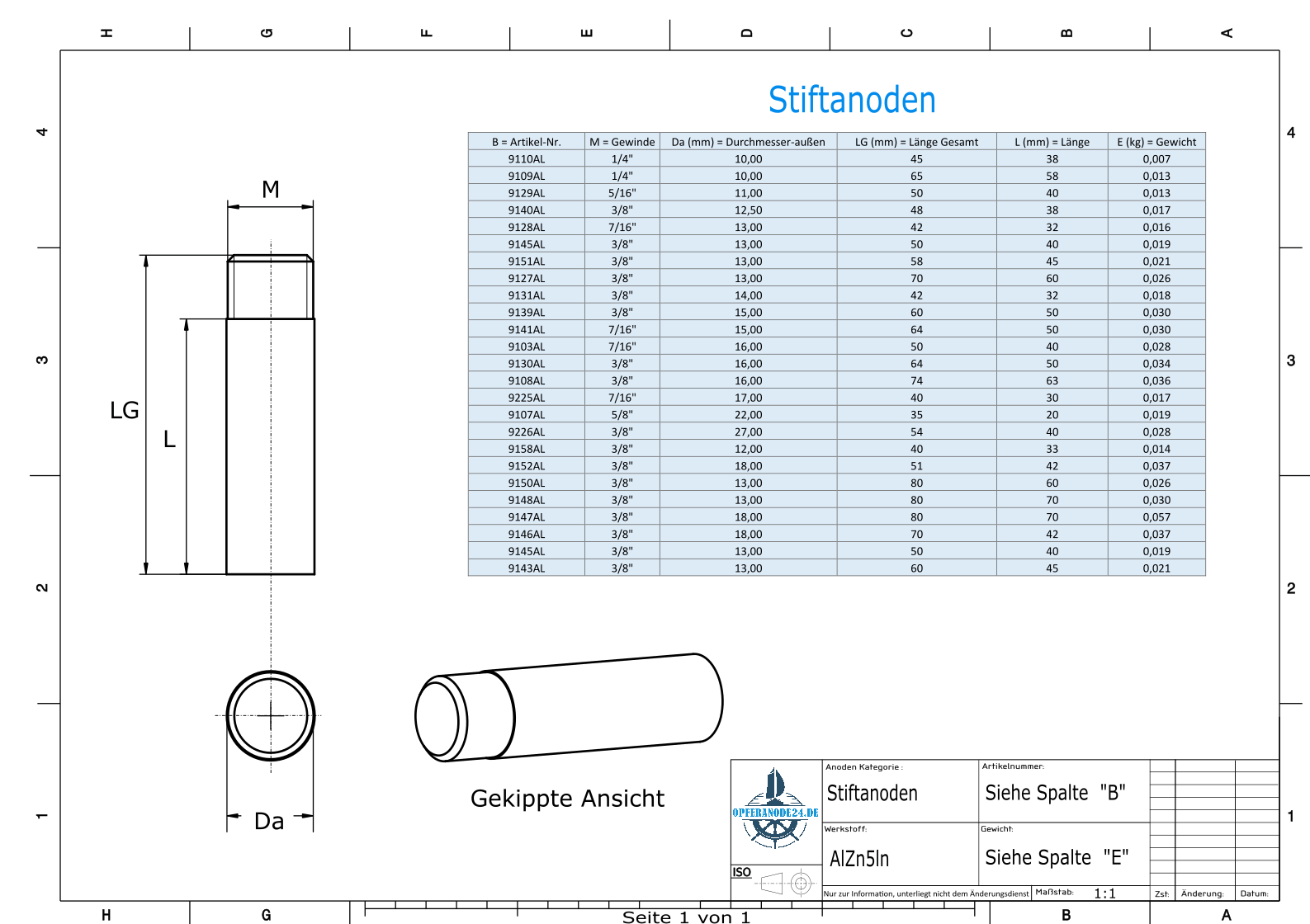 Anodi a spillo 3/8'' Ø13/L40 (AlZn5In) | 9145AL