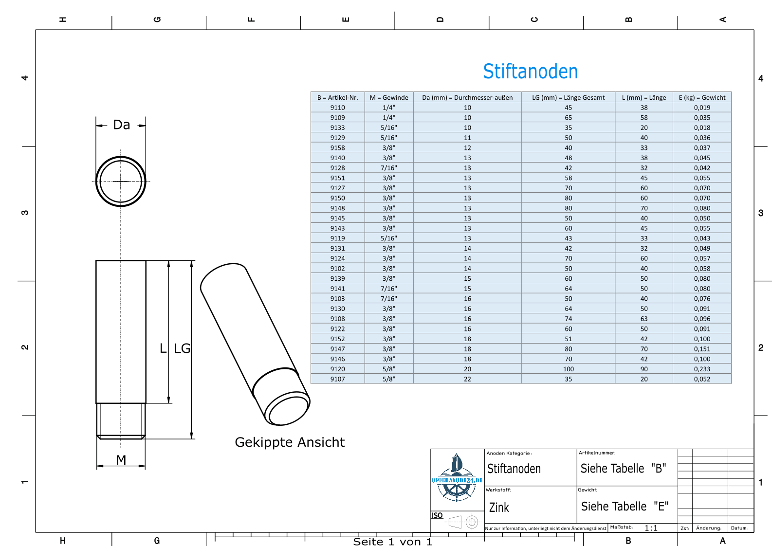 Bolt-Anodes 7/16'' 20G Ø16/L40 (Zinc) | 9103 | Ref.Z-2712