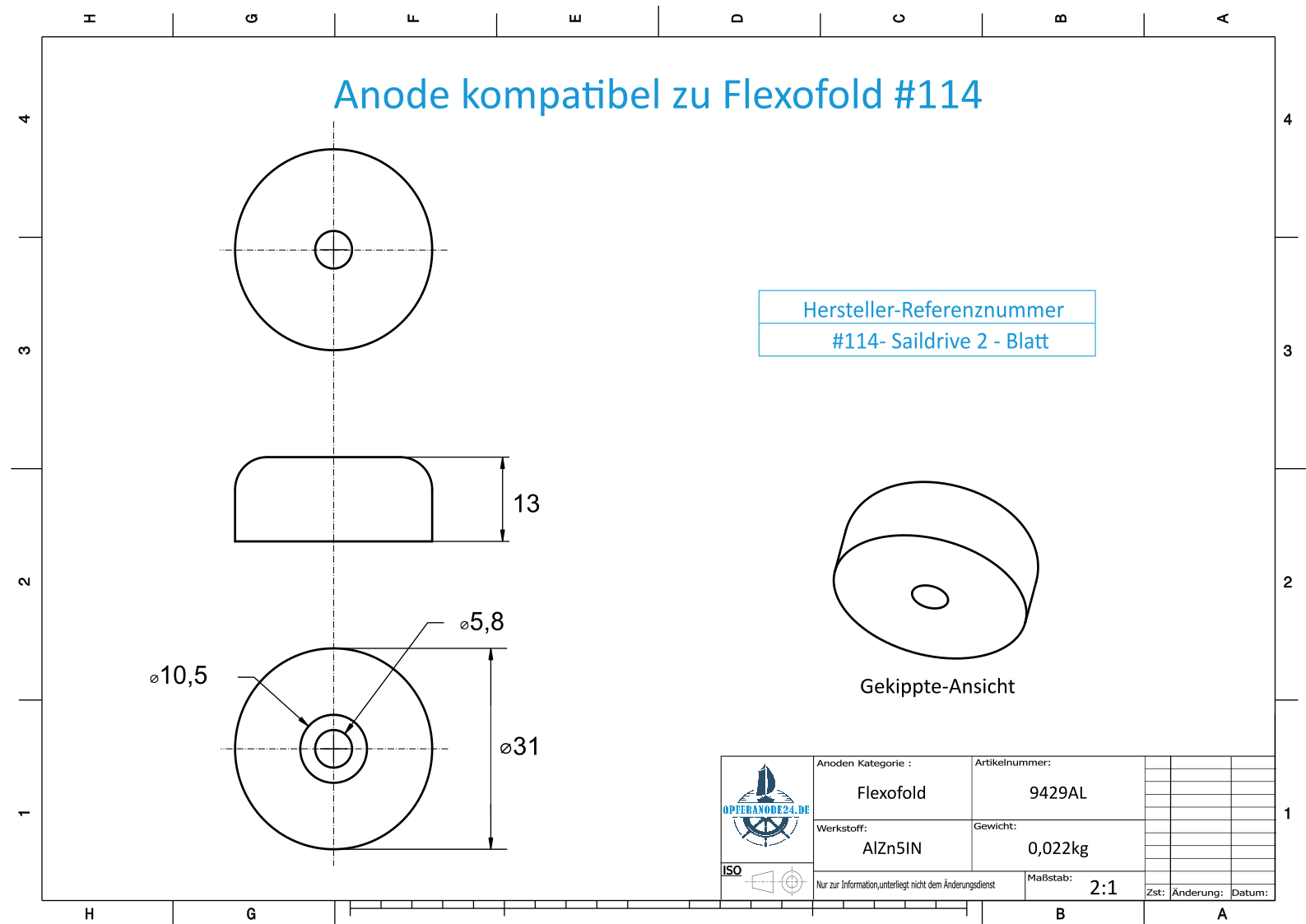 Anodo compatibile con Flexofold | 2 pezzi | Ø31x13 | AlZn5In | Piccolo | Rif. #114 | 9429AL - immagine 2